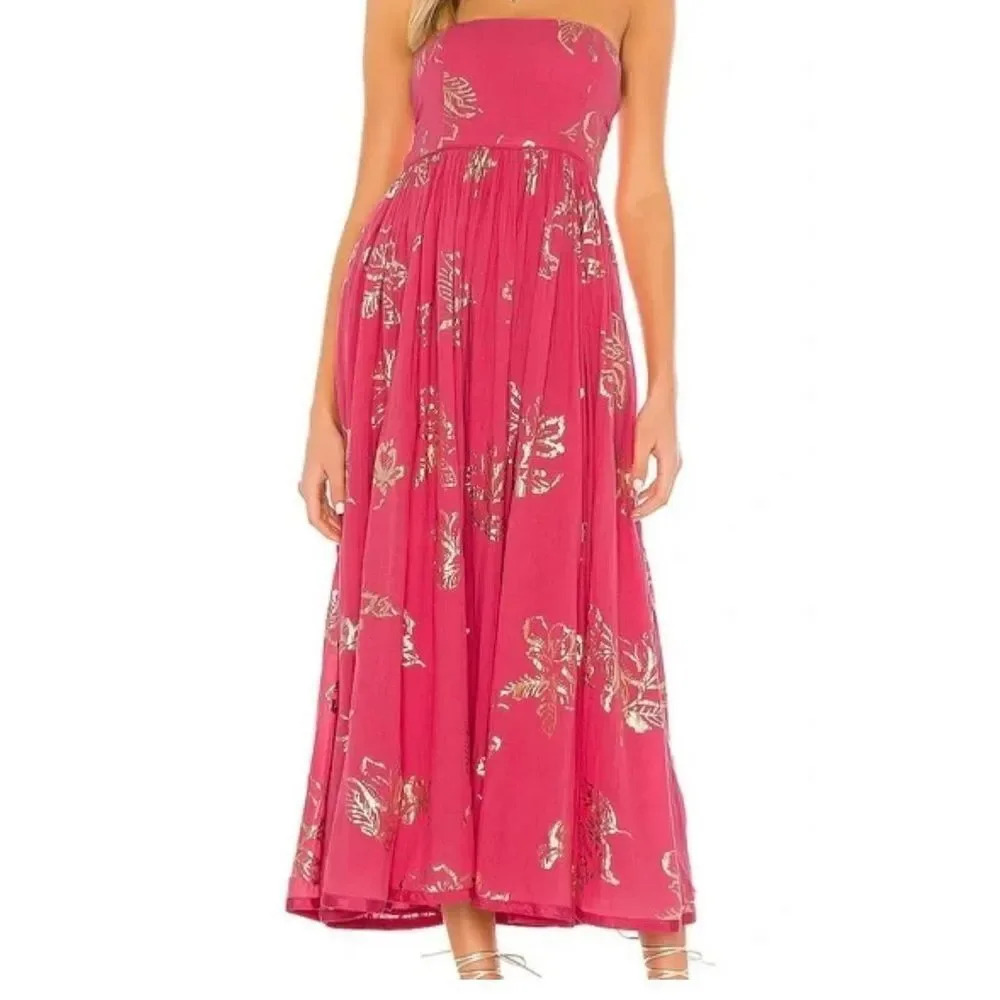 Free People Sleeveless Maxi Dress Pink with Gold Metallic Floral Tie Back XS